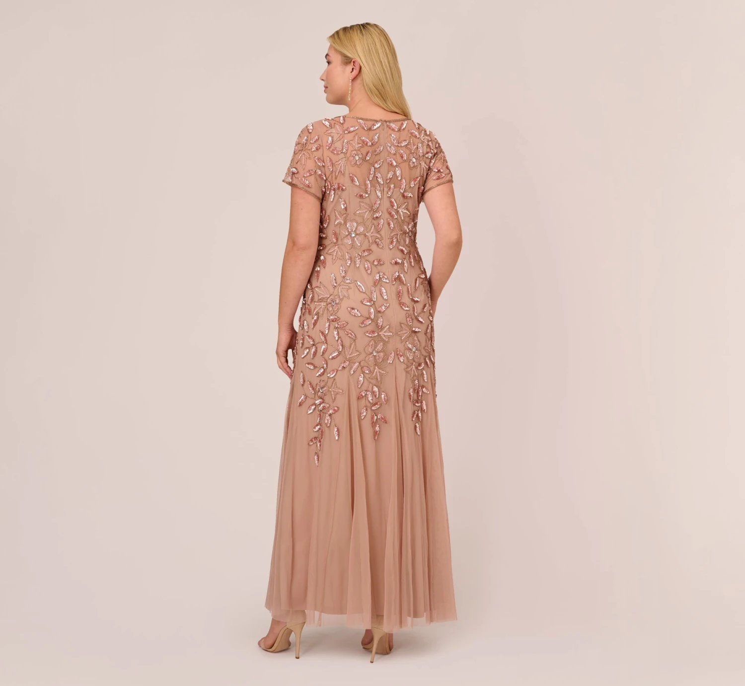 Adrianna Papell Plus Size Hand Beaded Short Sleeve Floral Godet Gown In Rose Gold 4 Adrianna Papell Plus Size Hand Beaded Short Sleeve Floral Godet Gown In Rose Gold - Image 4