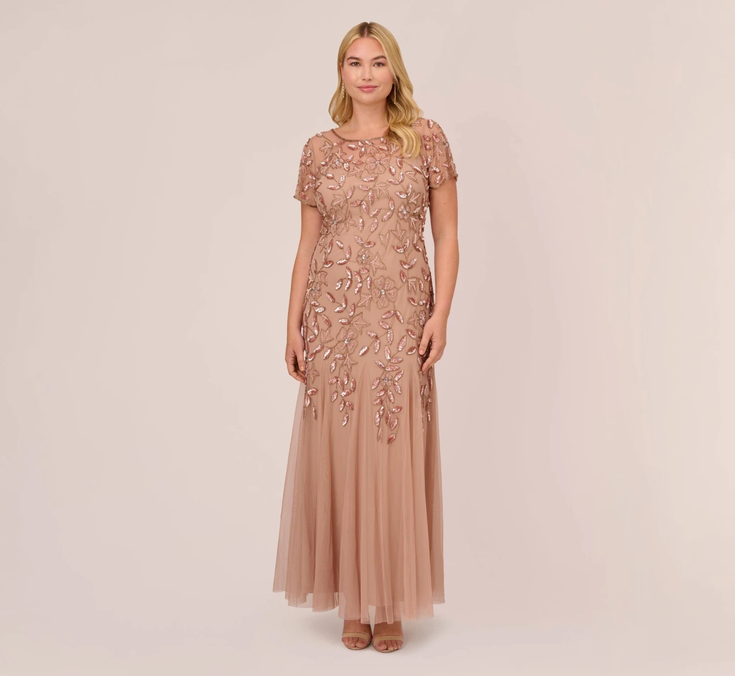 Adrianna Papell Plus Size Hand Beaded Short Sleeve Floral Godet Gown In Rose Gold 1 Adrianna Papell Plus Size Hand Beaded Short Sleeve Floral Godet Gown In Rose Gold