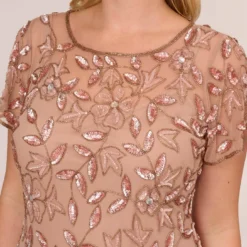 Adrianna Papell Plus Size Hand Beaded Short Sleeve Floral Godet Gown In Rose Gold 10 Adrianna Papell Plus Size Hand Beaded Short Sleeve Floral Godet Gown In Rose Gold -Glam Mirth Sales AP1E208349 AA958 Plus Detail