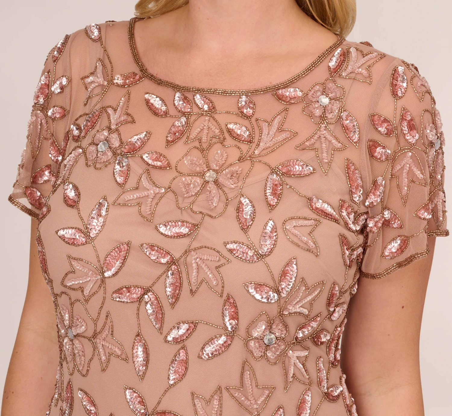 Adrianna Papell Plus Size Hand Beaded Short Sleeve Floral Godet Gown In Rose Gold 5 Adrianna Papell Plus Size Hand Beaded Short Sleeve Floral Godet Gown In Rose Gold - Image 5