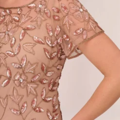 Adrianna Papell Plus Size Hand Beaded Short Sleeve Floral Godet Gown In Rose Gold 8 Adrianna Papell Plus Size Hand Beaded Short Sleeve Floral Godet Gown In Rose Gold -Glam Mirth Sales AP1E208349 AA958 Plus Lifestyle