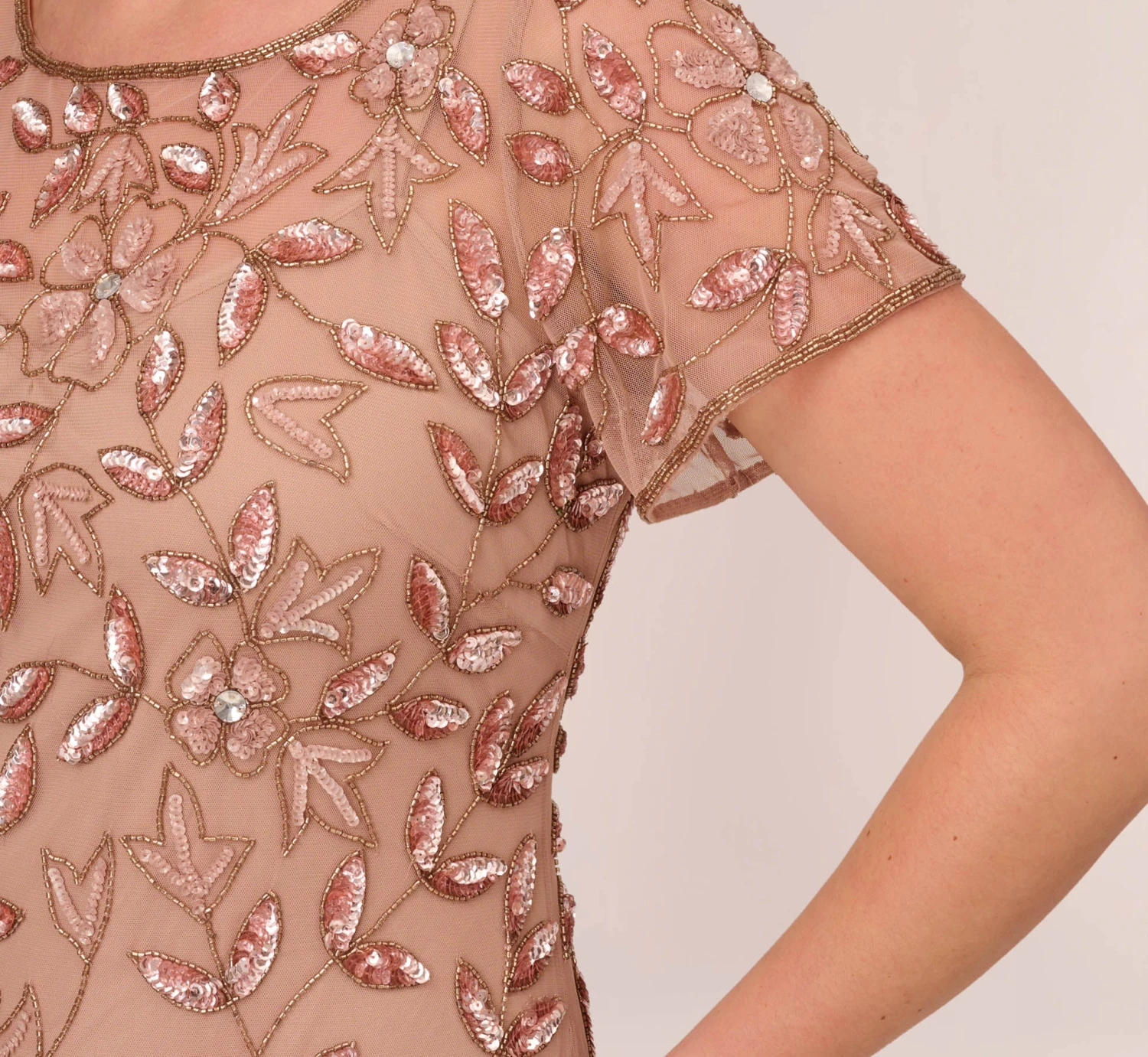 Adrianna Papell Plus Size Hand Beaded Short Sleeve Floral Godet Gown In Rose Gold 3 Adrianna Papell Plus Size Hand Beaded Short Sleeve Floral Godet Gown In Rose Gold - Image 3