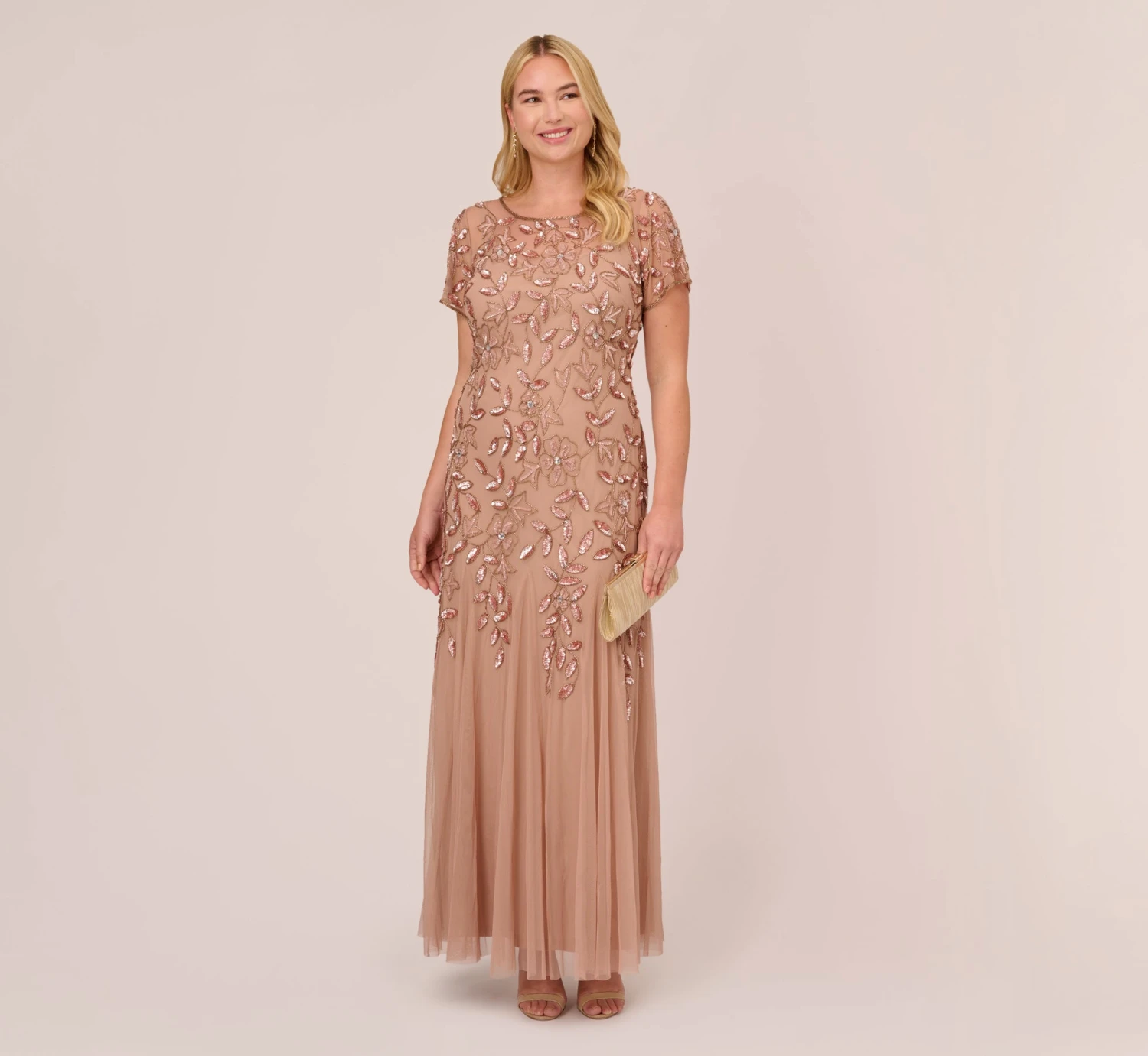 Adrianna Papell Plus Size Hand Beaded Short Sleeve Floral Godet Gown In Rose Gold 2 Adrianna Papell Plus Size Hand Beaded Short Sleeve Floral Godet Gown In Rose Gold - Image 2