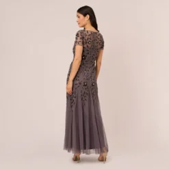 Adrianna Papell Hand Beaded Short Sleeve Floral Godet Gown In Moonscape -Glam Mirth Sales AP1E208349 AD542 Regular Back