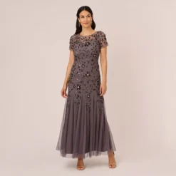Adrianna Papell Hand Beaded Short Sleeve Floral Godet Gown In Moonscape