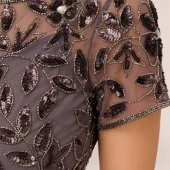 Adrianna Papell Hand Beaded Short Sleeve Floral Godet Gown In Moonscape -Glam Mirth Sales AP1E208349 AD542 Regular Lifestyle