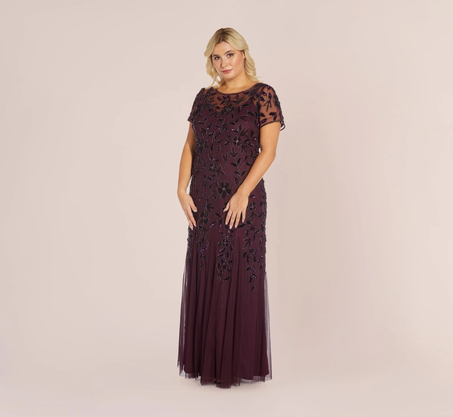 Adrianna Papell Plus Size Hand Beaded Short Sleeve Floral Godet Gown In Night Plum 2 Adrianna Papell Plus Size Hand Beaded Short Sleeve Floral Godet Gown In Night Plum - Image 2