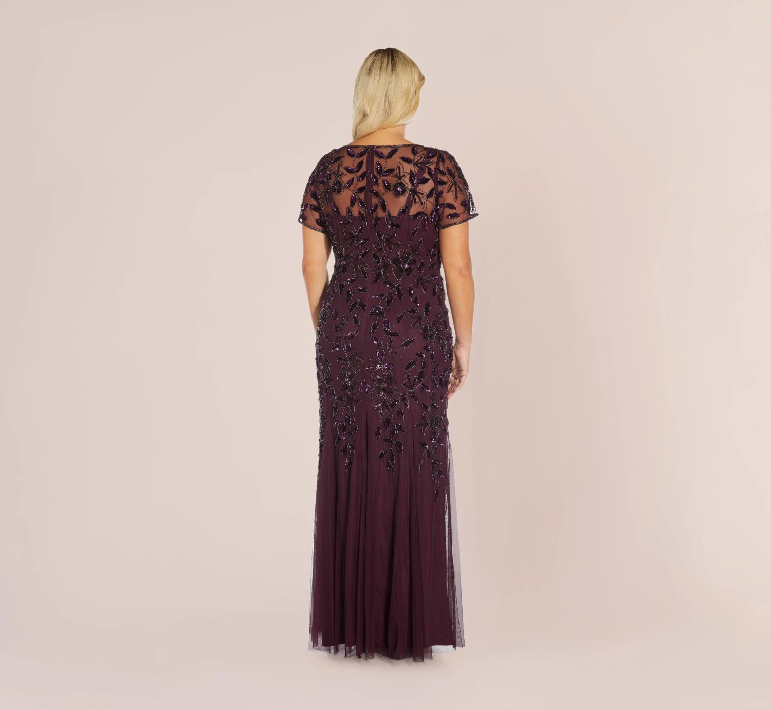 Adrianna Papell Plus Size Hand Beaded Short Sleeve Floral Godet Gown In Night Plum 3 Adrianna Papell Plus Size Hand Beaded Short Sleeve Floral Godet Gown In Night Plum - Image 3