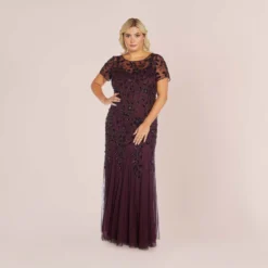 Adrianna Papell Plus Size Hand Beaded Short Sleeve Floral Godet Gown In Night Plum