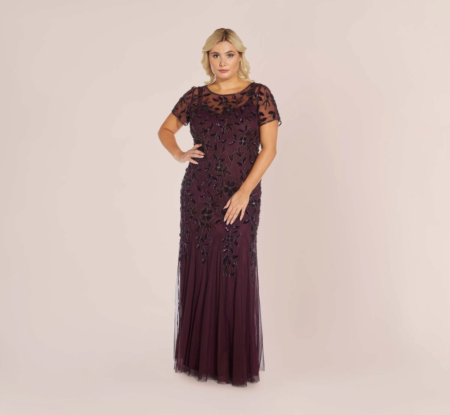 Adrianna Papell Plus Size Hand Beaded Short Sleeve Floral Godet Gown In Night Plum 1 Adrianna Papell Plus Size Hand Beaded Short Sleeve Floral Godet Gown In Night Plum