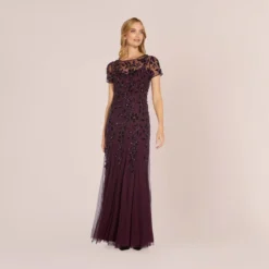 Adrianna Papell Hand Beaded Short Sleeve Floral Godet Gown In Night Plum 6 Adrianna Papell Hand Beaded Short Sleeve Floral Godet Gown In Night Plum -Glam Mirth Sales AP1E208349 BK940 Regular Alternate