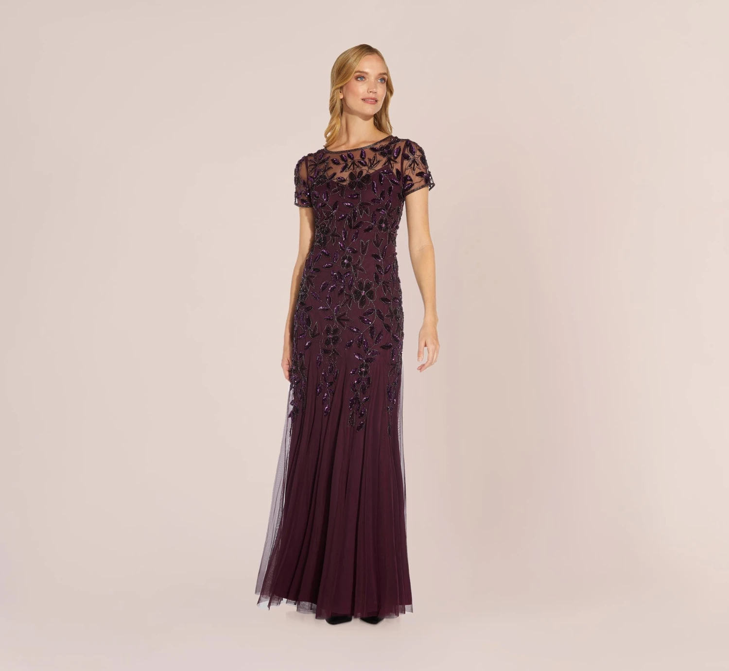 Adrianna Papell Hand Beaded Short Sleeve Floral Godet Gown In Night Plum 3 Adrianna Papell Hand Beaded Short Sleeve Floral Godet Gown In Night Plum - Image 3