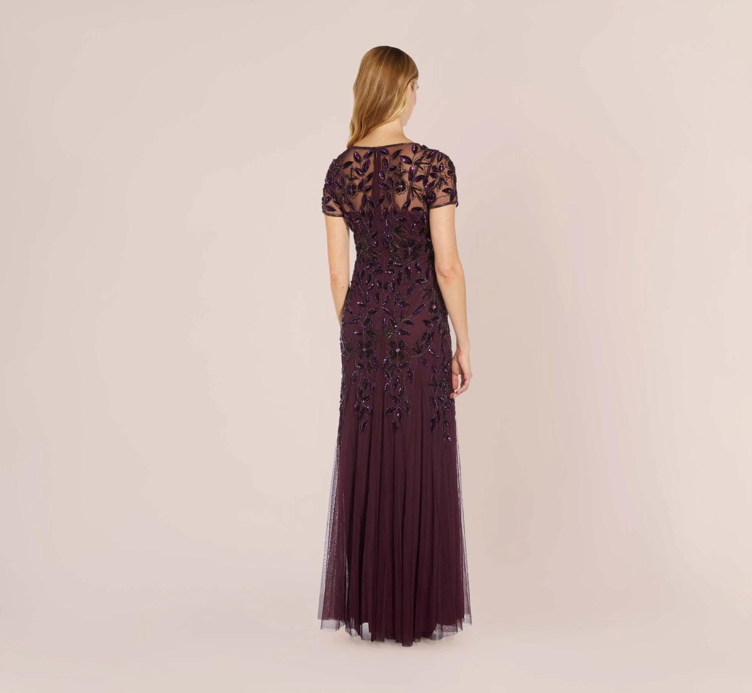 Adrianna Papell Hand Beaded Short Sleeve Floral Godet Gown In Night Plum 2 Adrianna Papell Hand Beaded Short Sleeve Floral Godet Gown In Night Plum - Image 2