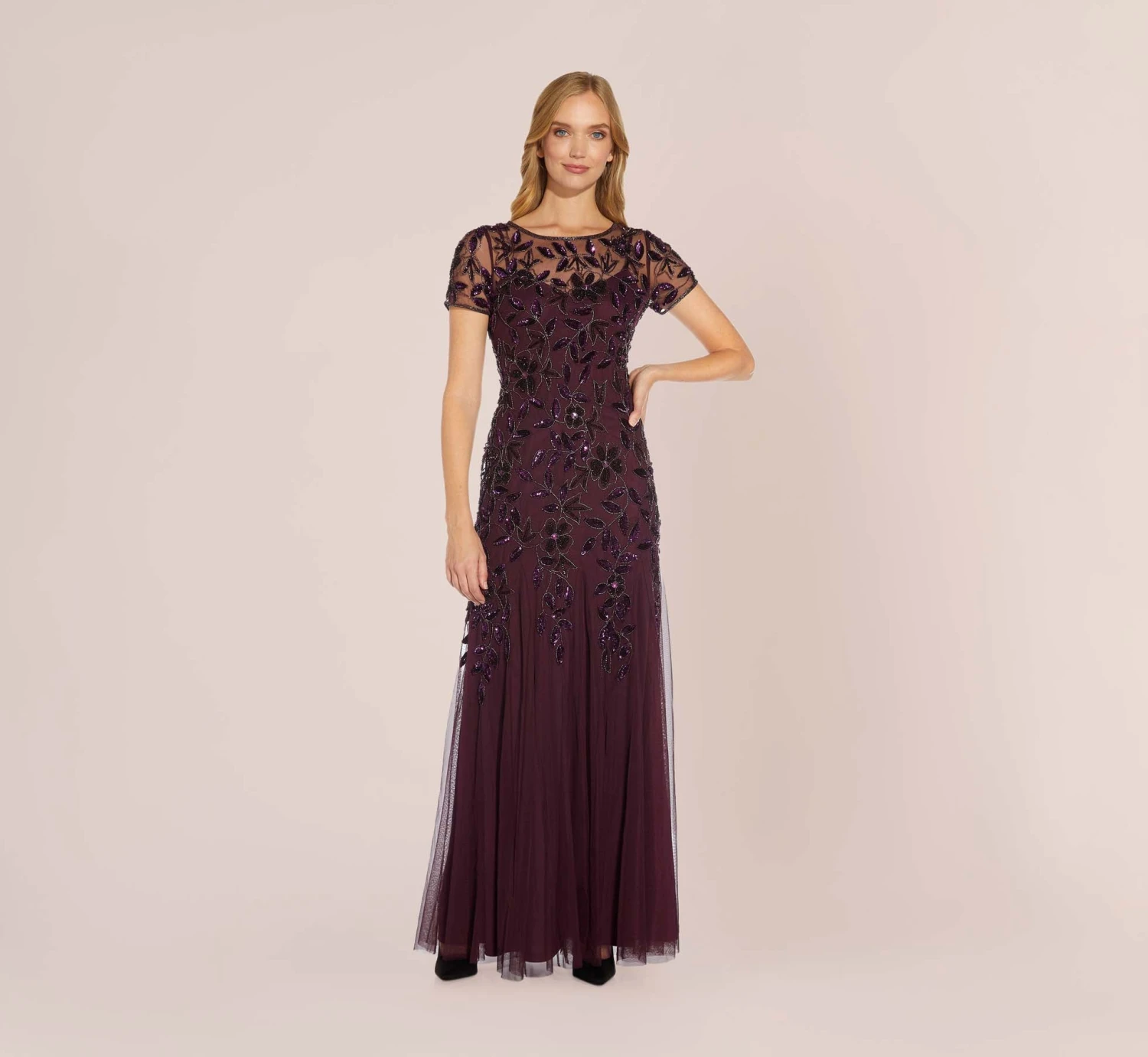 Adrianna Papell Hand Beaded Short Sleeve Floral Godet Gown In Night Plum 1 Adrianna Papell Hand Beaded Short Sleeve Floral Godet Gown In Night Plum