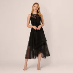 Adrianna Papell Tulle Halter Party Dress With Velvet Accents In Black