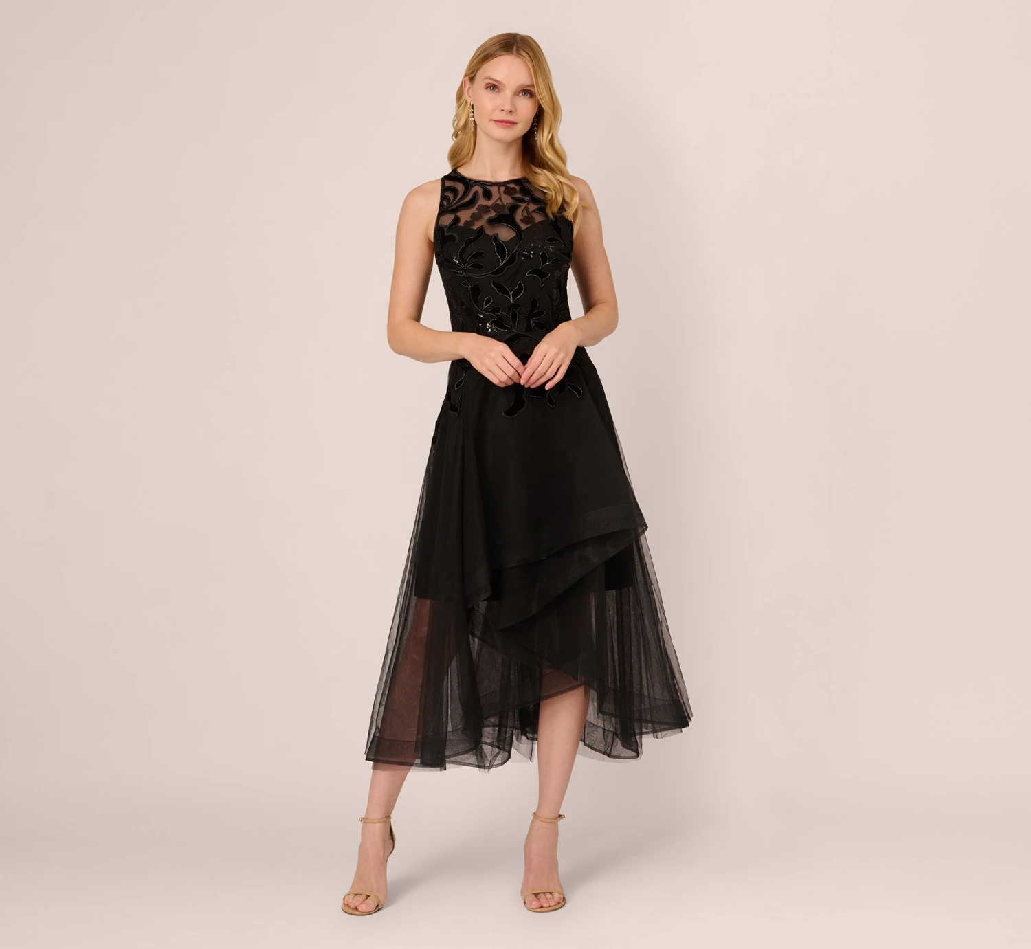Adrianna Papell Tulle Halter Party Dress With Velvet Accents In Black 1 Adrianna Papell Tulle Halter Party Dress With Velvet Accents In Black