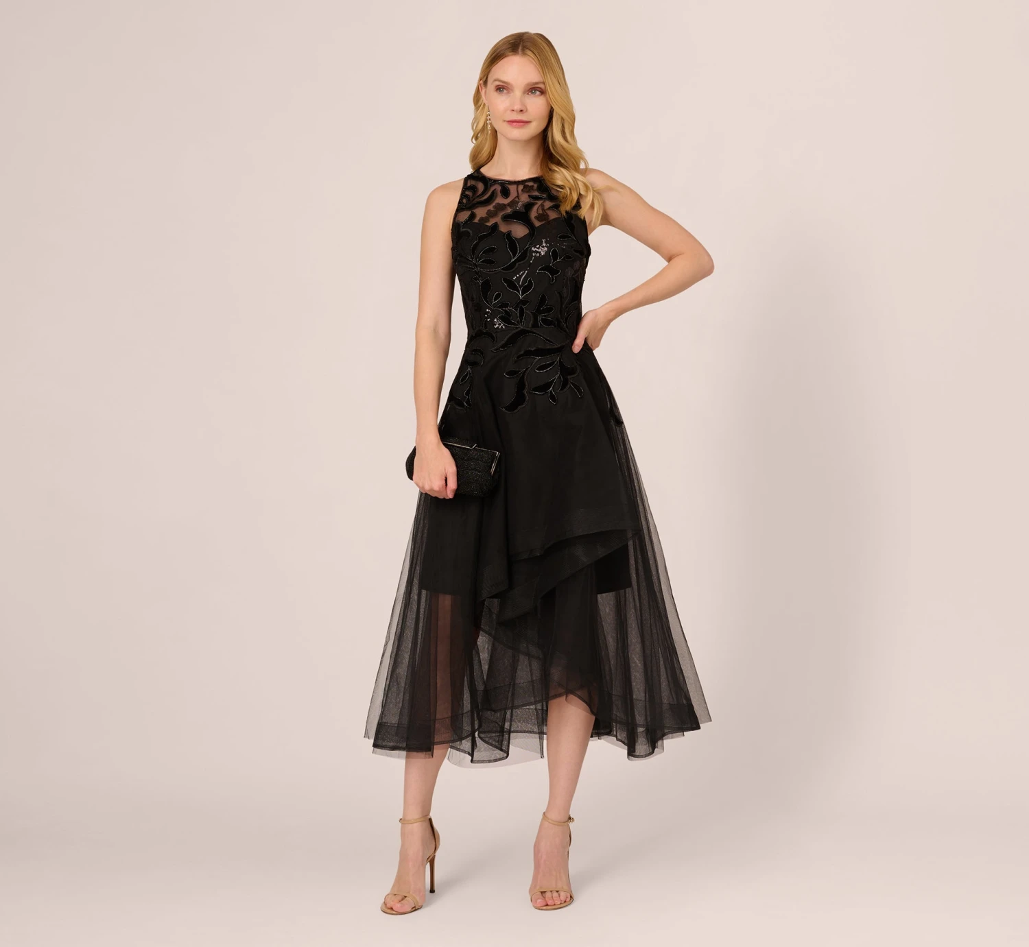 Adrianna Papell Tulle Halter Party Dress With Velvet Accents In Black 2 Adrianna Papell Tulle Halter Party Dress With Velvet Accents In Black - Image 2