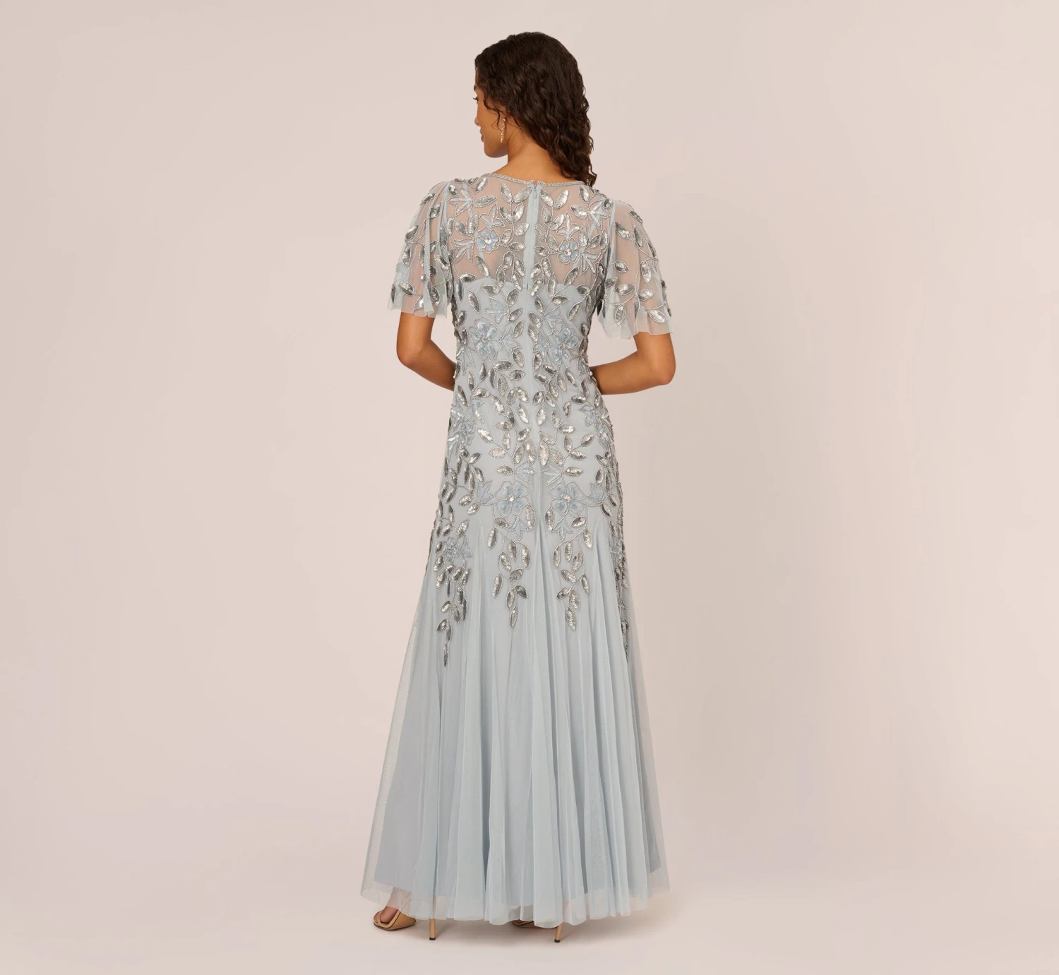 Adrianna Papell Long Floral Beaded Gown With Flutter Sleeves In Blue Heather 4 Adrianna Papell Long Floral Beaded Gown With Flutter Sleeves In Blue Heather - Image 4