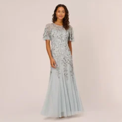 Adrianna Papell Long Floral Beaded Gown With Flutter Sleeves In Blue Heather