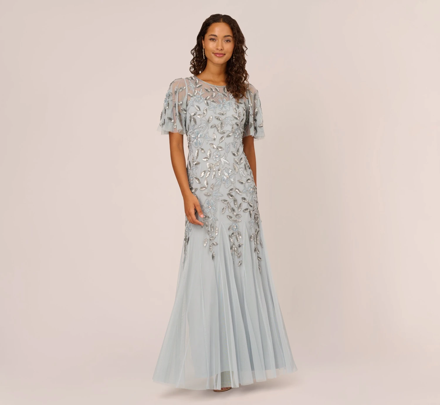 Adrianna Papell Long Floral Beaded Gown With Flutter Sleeves In Blue Heather 1 Adrianna Papell Long Floral Beaded Gown With Flutter Sleeves In Blue Heather