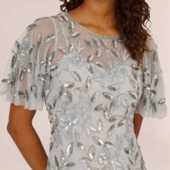 Adrianna Papell Long Floral Beaded Gown With Flutter Sleeves In Blue Heather 8 Adrianna Papell Long Floral Beaded Gown With Flutter Sleeves In Blue Heather -Glam Mirth Sales AP1E208445 AA469 Regular Detail