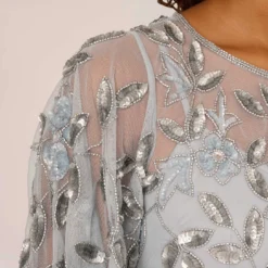 Adrianna Papell Long Floral Beaded Gown With Flutter Sleeves In Blue Heather 10 Adrianna Papell Long Floral Beaded Gown With Flutter Sleeves In Blue Heather -Glam Mirth Sales AP1E208445 AA469 Regular Lifestyle