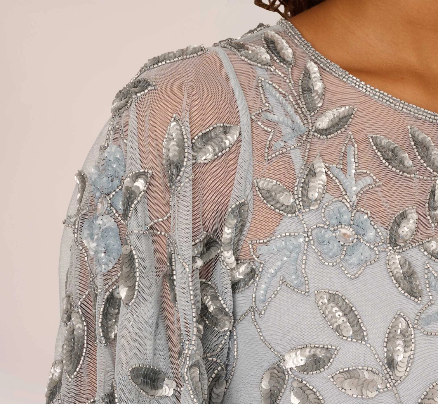 Adrianna Papell Long Floral Beaded Gown With Flutter Sleeves In Blue Heather 5 Adrianna Papell Long Floral Beaded Gown With Flutter Sleeves In Blue Heather - Image 5