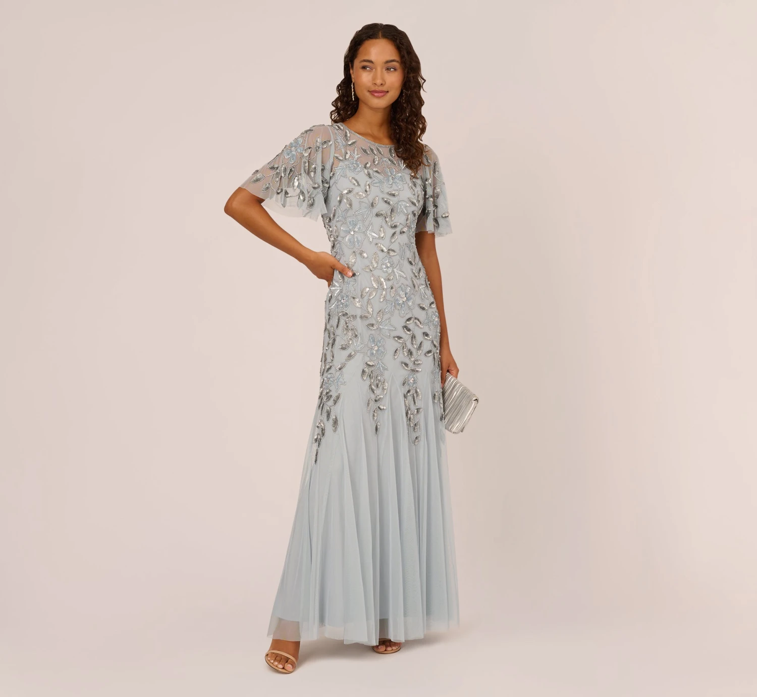 Adrianna Papell Long Floral Beaded Gown With Flutter Sleeves In Blue Heather 2 Adrianna Papell Long Floral Beaded Gown With Flutter Sleeves In Blue Heather - Image 2