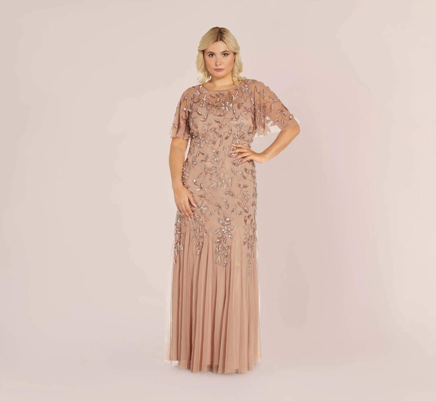 Adrianna Papell Plus Size Long Floral Beaded Gown With Flutter Sleeves In Rose Gold 1 Adrianna Papell Plus Size Long Floral Beaded Gown With Flutter Sleeves In Rose Gold