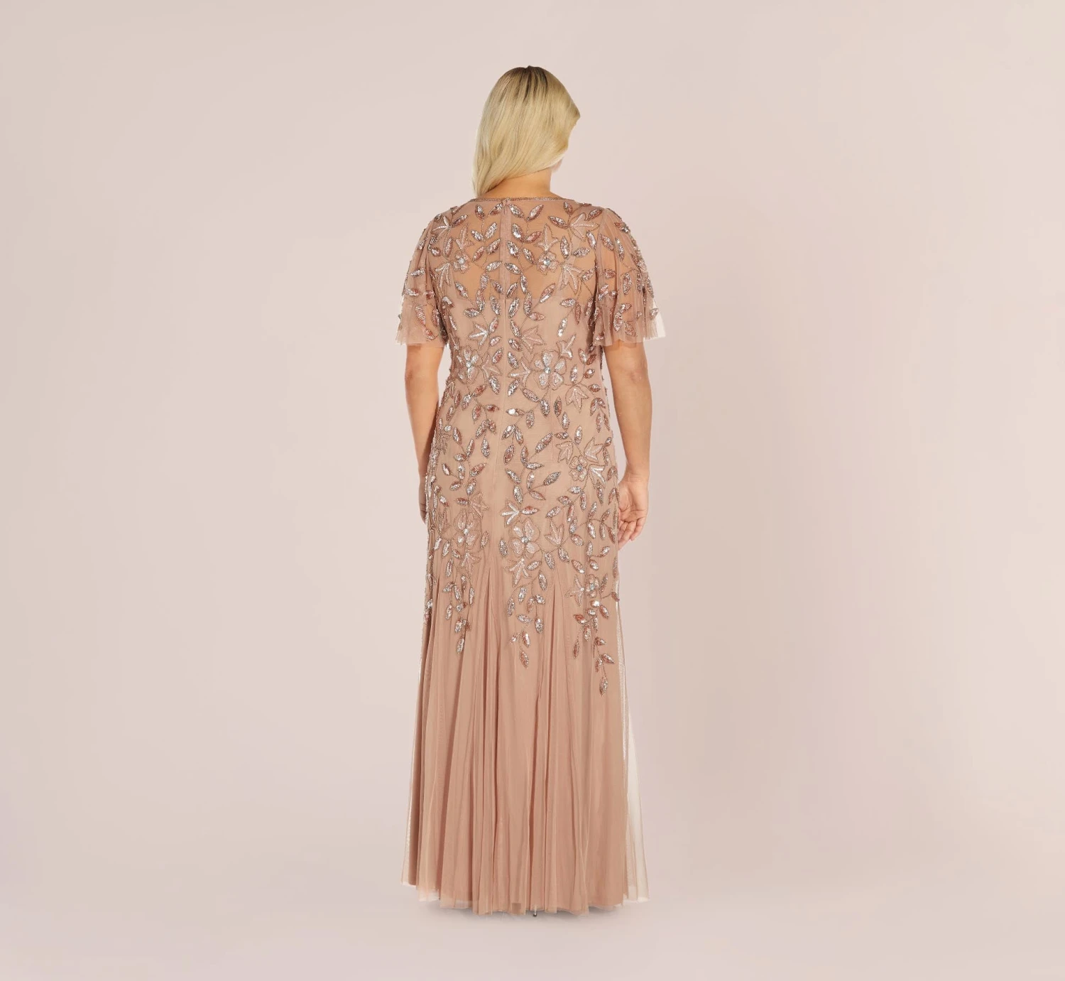 Adrianna Papell Plus Size Long Floral Beaded Gown With Flutter Sleeves In Rose Gold 2 Adrianna Papell Plus Size Long Floral Beaded Gown With Flutter Sleeves In Rose Gold - Image 2