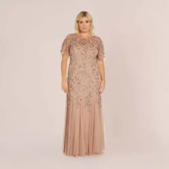 Adrianna Papell Plus Size Long Floral Beaded Gown With Flutter Sleeves In Rose Gold 5 Adrianna Papell Plus Size Long Floral Beaded Gown With Flutter Sleeves In Rose Gold -Glam Mirth Sales AP1E208445 AA958 Plus Default