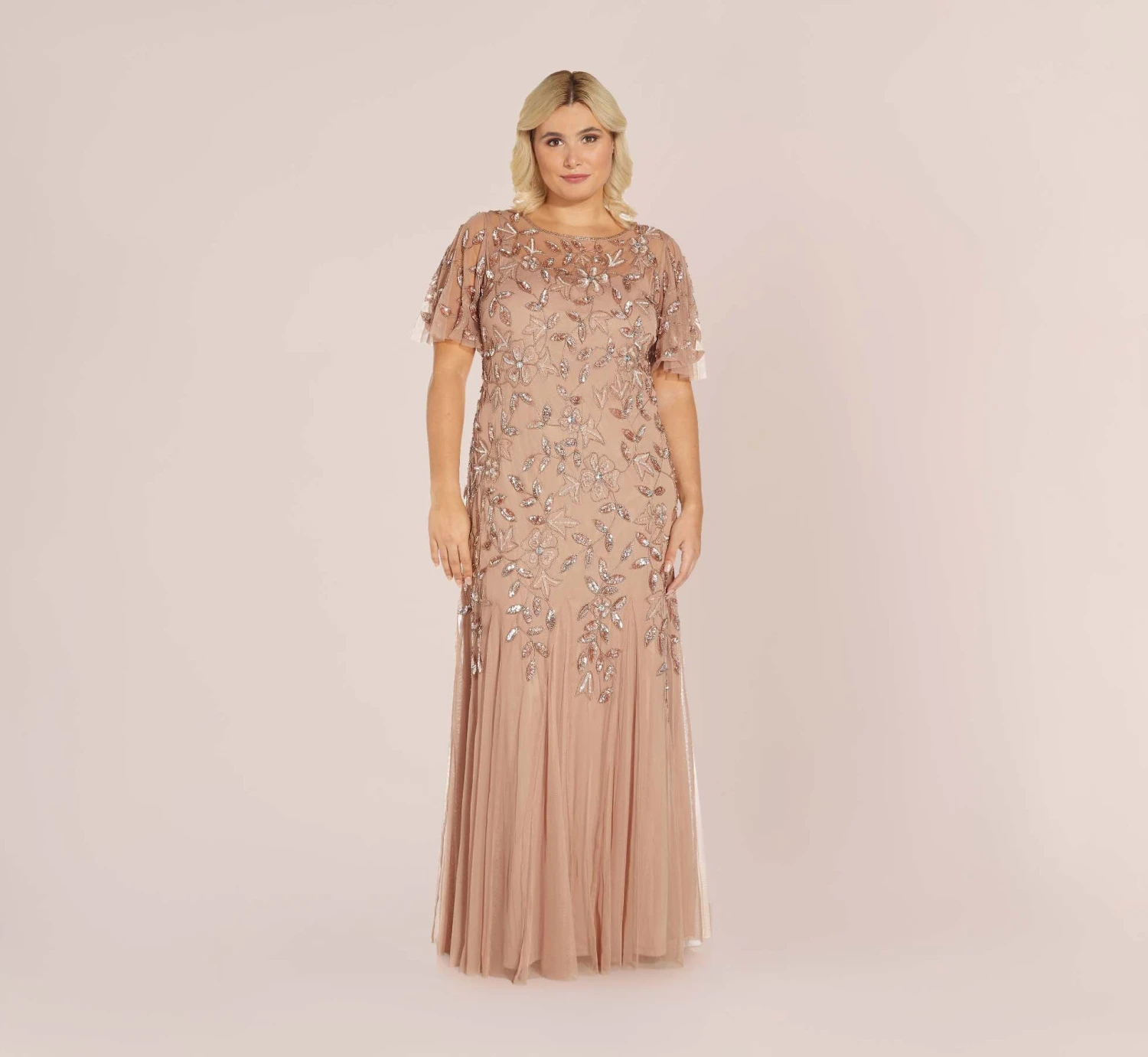 Adrianna Papell Plus Size Long Floral Beaded Gown With Flutter Sleeves In Rose Gold 3 Adrianna Papell Plus Size Long Floral Beaded Gown With Flutter Sleeves In Rose Gold - Image 3
