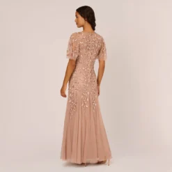 Adrianna Papell Long Floral Beaded Gown With Flutter Sleeves In Rose Gold -Glam Mirth Sales AP1E208445 AA958 Regular Back 60c79153 2423 4594 b344 b6c4dbc9417f