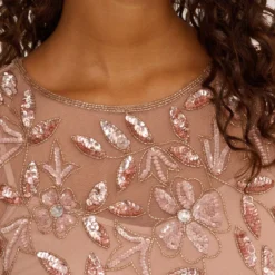 Adrianna Papell Long Floral Beaded Gown With Flutter Sleeves In Rose Gold -Glam Mirth Sales AP1E208445 AA958 Regular Lifestyle f69a31ec 9c78 424b 9c97 16c8e3f994ba