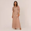 Adrianna Papell Long Floral Beaded Gown With Flutter Sleeves In Rose Gold