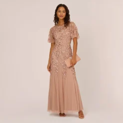 Adrianna Papell Long Floral Beaded Gown With Flutter Sleeves In Rose Gold
