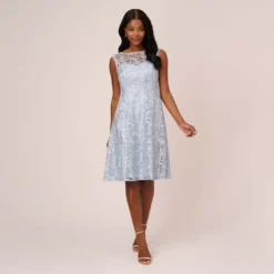 Adrianna Papell Embroidered Sleeveless Midi Cocktail Dress In Skyway 13 Adrianna Papell Embroidered Sleeveless Midi Cocktail Dress In Skyway -Glam Mirth Sales AP1E208600 AC459 Regular Front