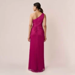 Adrianna Papell Stardust Pleated Draped One Shoulder Gown In Magenta -Glam Mirth Sales AP1E208794 AA670 Regular Back