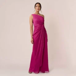 Adrianna Papell Stardust Pleated Draped One Shoulder Gown In Magenta