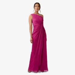 Adrianna Papell Stardust Pleated Draped One Shoulder Gown In Magenta -Glam Mirth Sales AP1E208794 AA670 Regular Side