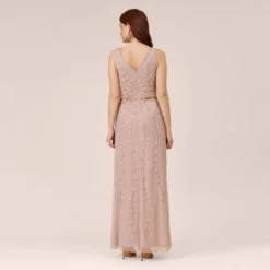 Adrianna Papell Hand Beaded Long Blouson Mermaid Gown In Steel Rose 9 Adrianna Papell Hand Beaded Long Blouson Mermaid Gown In Steel Rose -Glam Mirth Sales AP1E208913 BA696 Regular Back