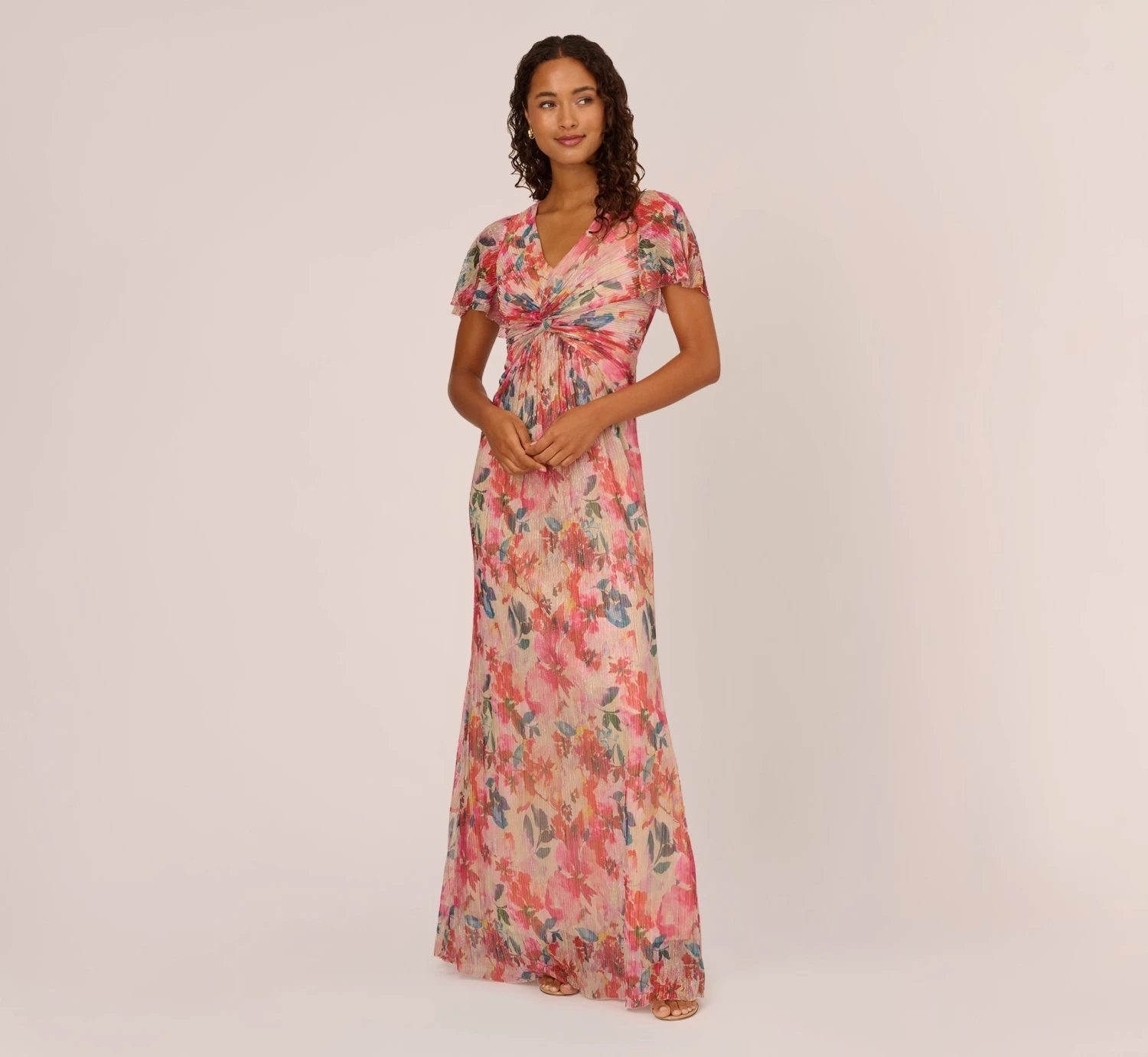 Adrianna Papell Floral-Print Metallic Twist Front Long Gown With Flutter Sleeves In Alabaster Multi 1 Adrianna Papell Floral-Print Metallic Twist Front Long Gown With Flutter Sleeves In Alabaster Multi