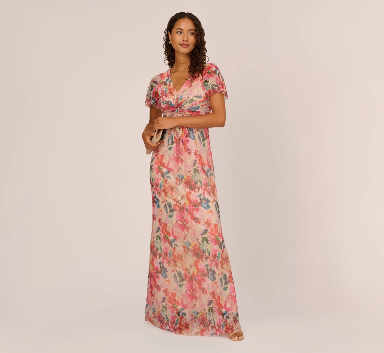 Adrianna Papell Floral-Print Metallic Twist Front Long Gown With Flutter Sleeves In Alabaster Multi 2 Adrianna Papell Floral-Print Metallic Twist Front Long Gown With Flutter Sleeves In Alabaster Multi - Image 2