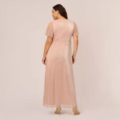 Adrianna Papell Plus Size Metallic Mesh Draped Gown In Rose Gold 8 Adrianna Papell Plus Size Metallic Mesh Draped Gown In Rose Gold -Glam Mirth Sales AP1E209024 AI298 Plus Back