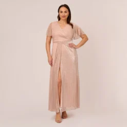 Adrianna Papell Plus Size Metallic Mesh Draped Gown In Rose Gold