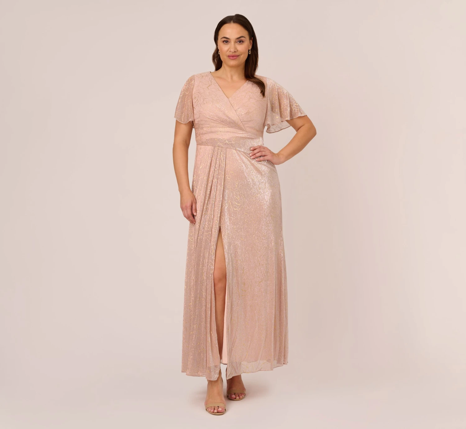 Adrianna Papell Plus Size Metallic Mesh Draped Gown In Rose Gold 1 Adrianna Papell Plus Size Metallic Mesh Draped Gown In Rose Gold