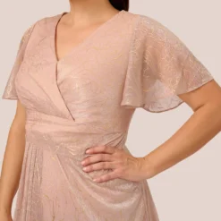 Adrianna Papell Plus Size Metallic Mesh Draped Gown In Rose Gold 10 Adrianna Papell Plus Size Metallic Mesh Draped Gown In Rose Gold -Glam Mirth Sales AP1E209024 AI298 Plus Detail