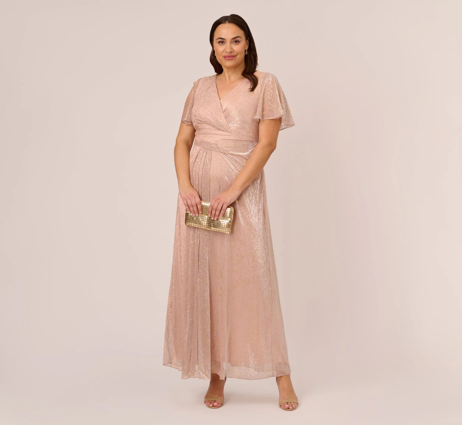 Adrianna Papell Plus Size Metallic Mesh Draped Gown In Rose Gold 2 Adrianna Papell Plus Size Metallic Mesh Draped Gown In Rose Gold - Image 2