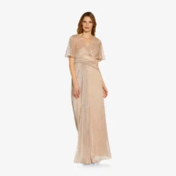 Adrianna Papell Metallic Mesh Draped Gown In Rose Gold 10 Adrianna Papell Metallic Mesh Draped Gown In Rose Gold -Glam Mirth Sales AP1E209024 AI298 Regular Alternate