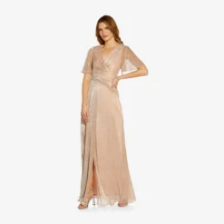 Adrianna Papell Metallic Mesh Draped Gown In Rose Gold